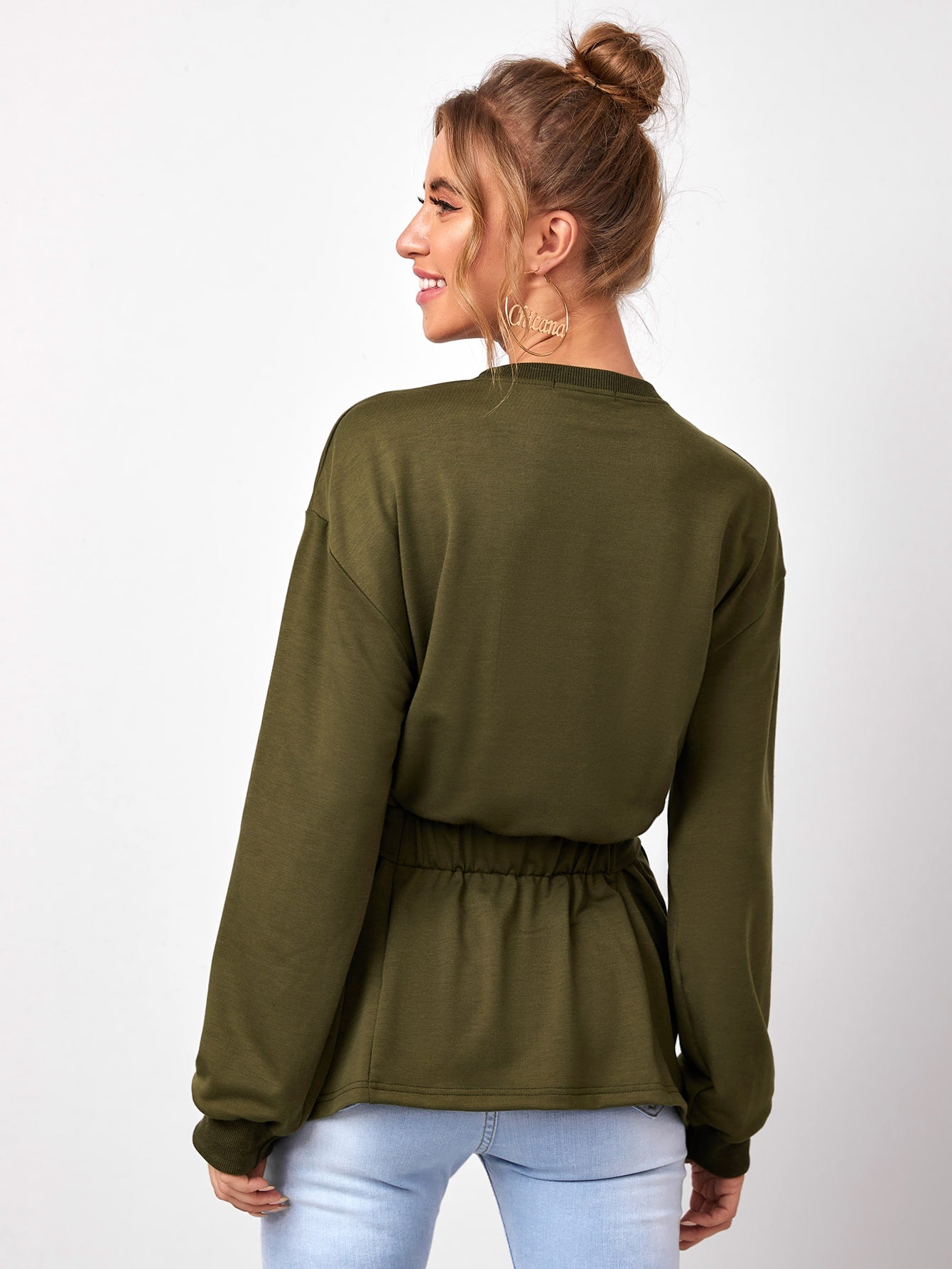 Elastic Waist Belted Solid Sweatshirt