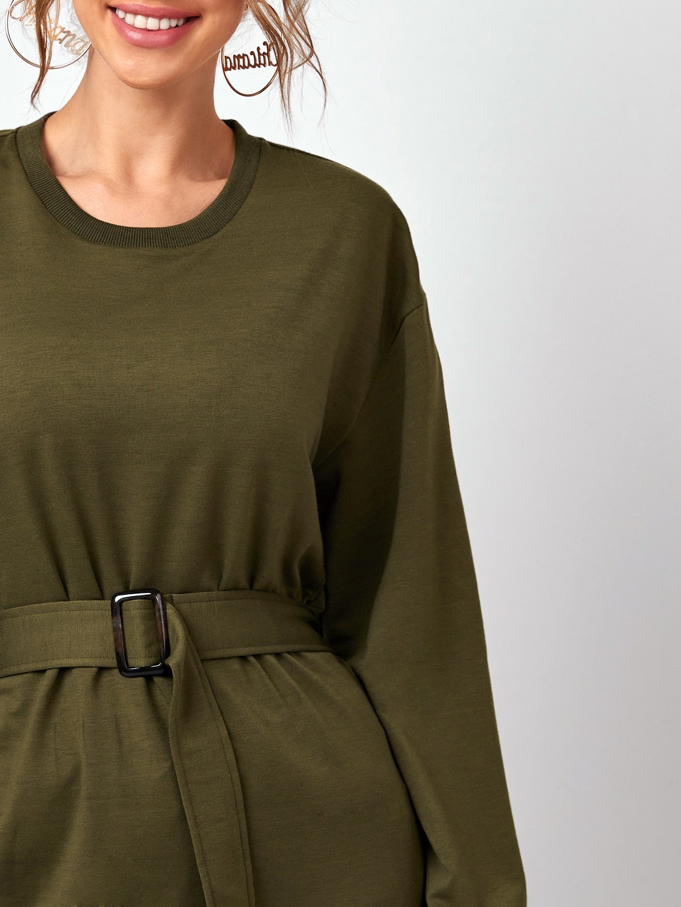 Elastic Waist Belted Solid Sweatshirt