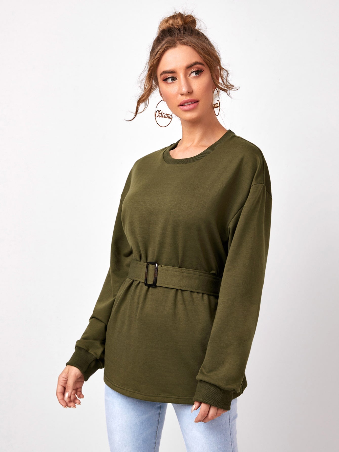 Elastic Waist Belted Solid Sweatshirt
