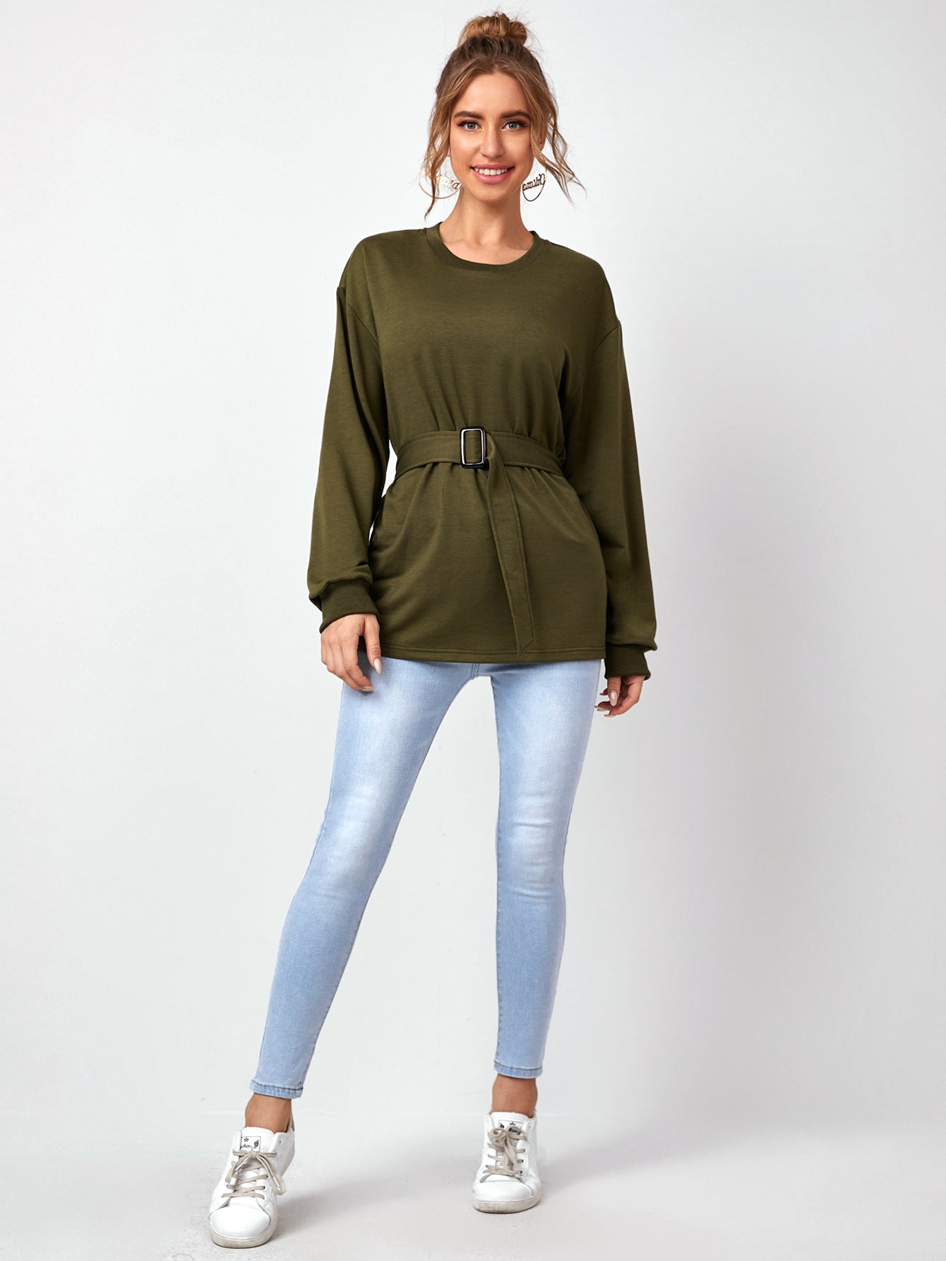 Elastic Waist Belted Solid Sweatshirt