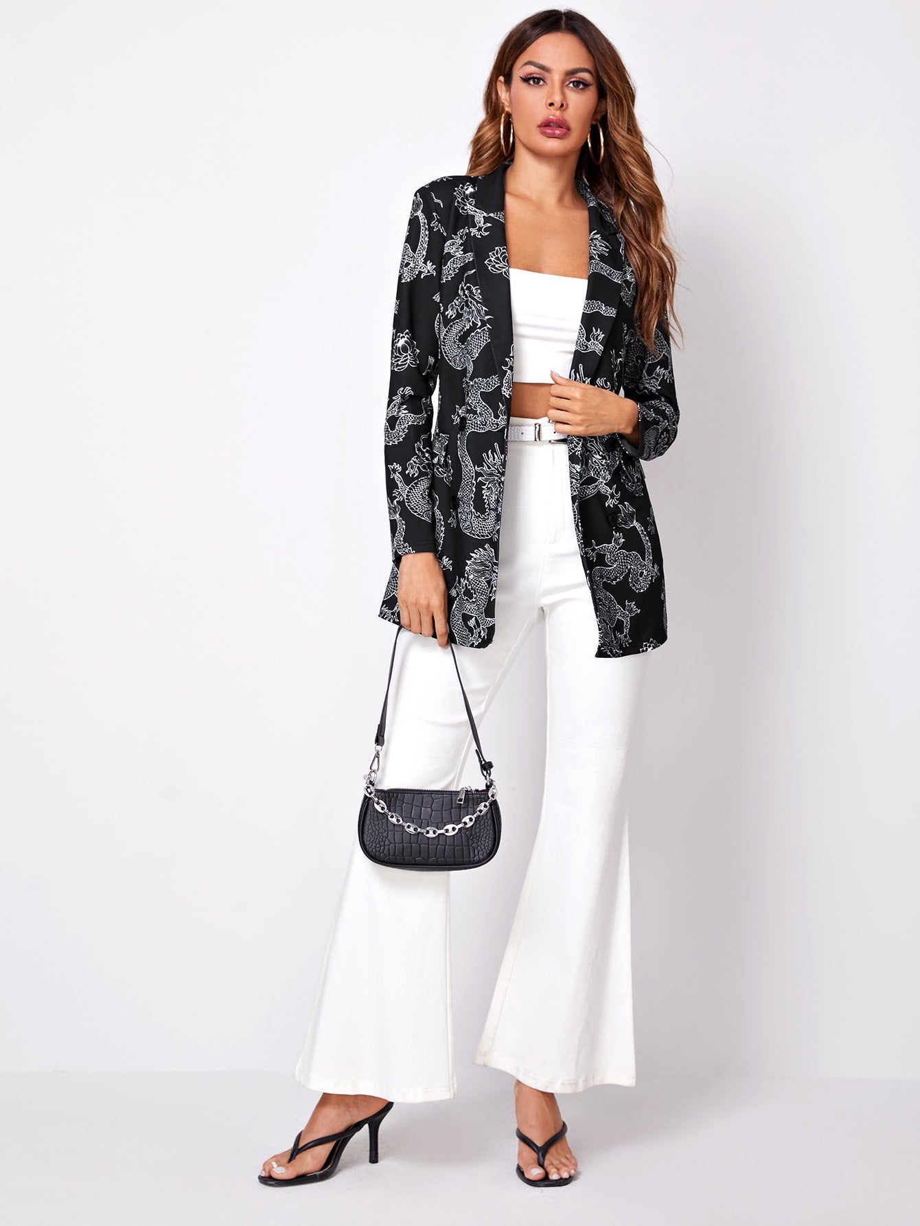 Notched Collar Buttoned Front Dragon Print Blazer