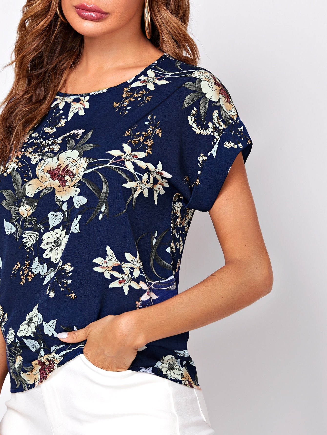 Cuffed Sleeve Floral Print Top