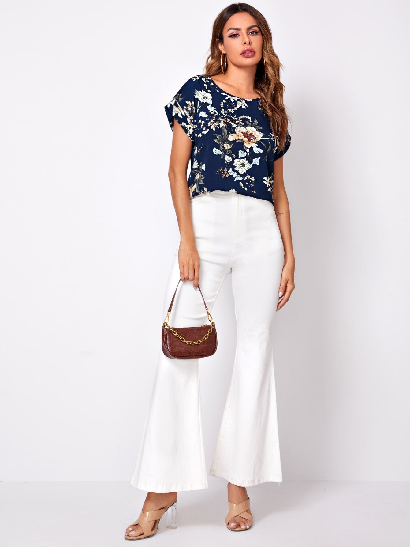 Cuffed Sleeve Floral Print Top