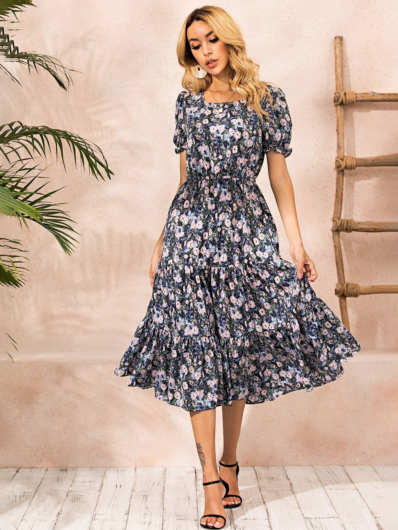 Allover Floral Ruffle Hem Dress
