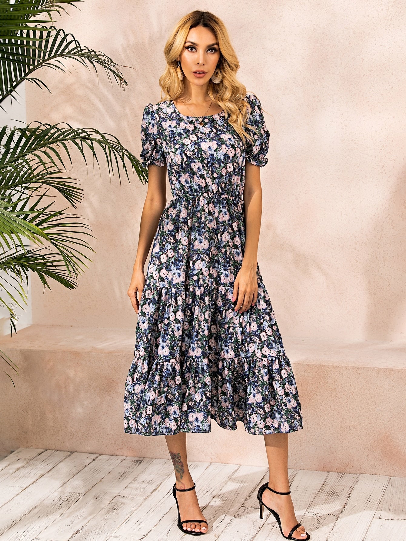 Allover Floral Ruffle Hem Dress