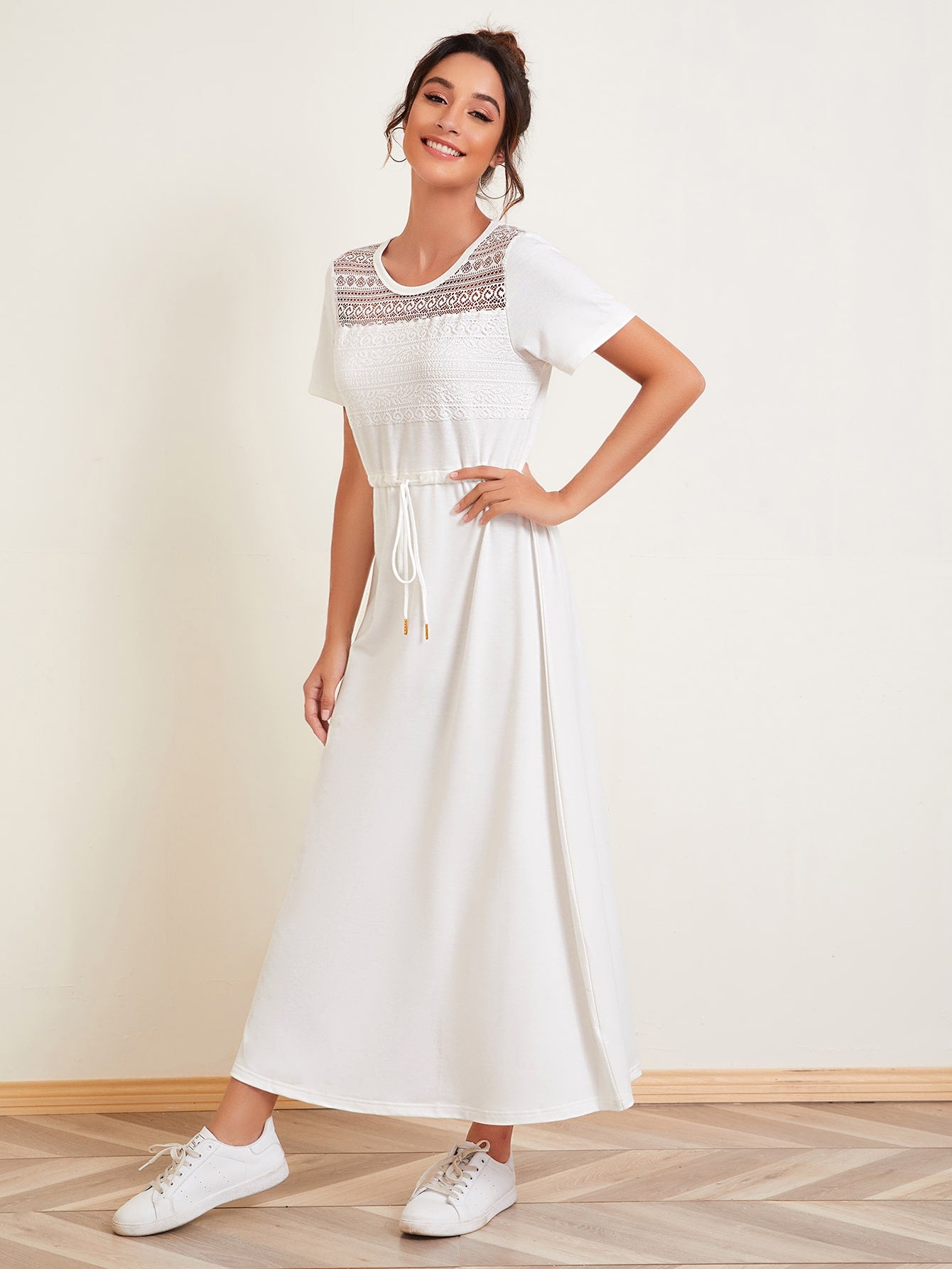 Contrast Lace Drawstring Waist Tee Dress