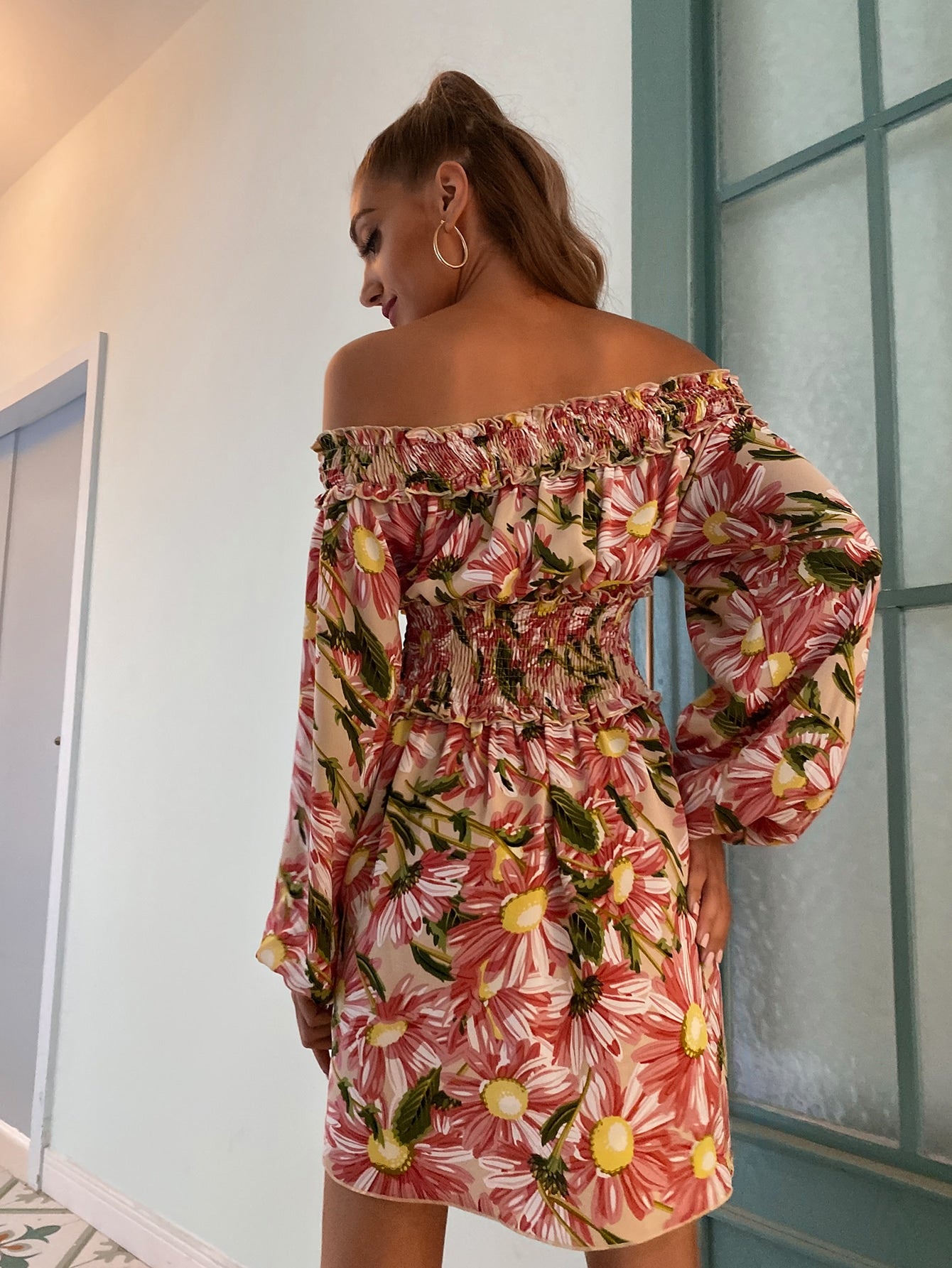 Off Shoulder Shirred Waist Floral Dress
