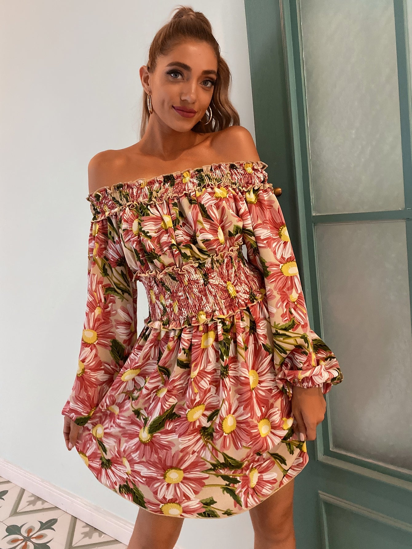 Off Shoulder Shirred Waist Floral Dress