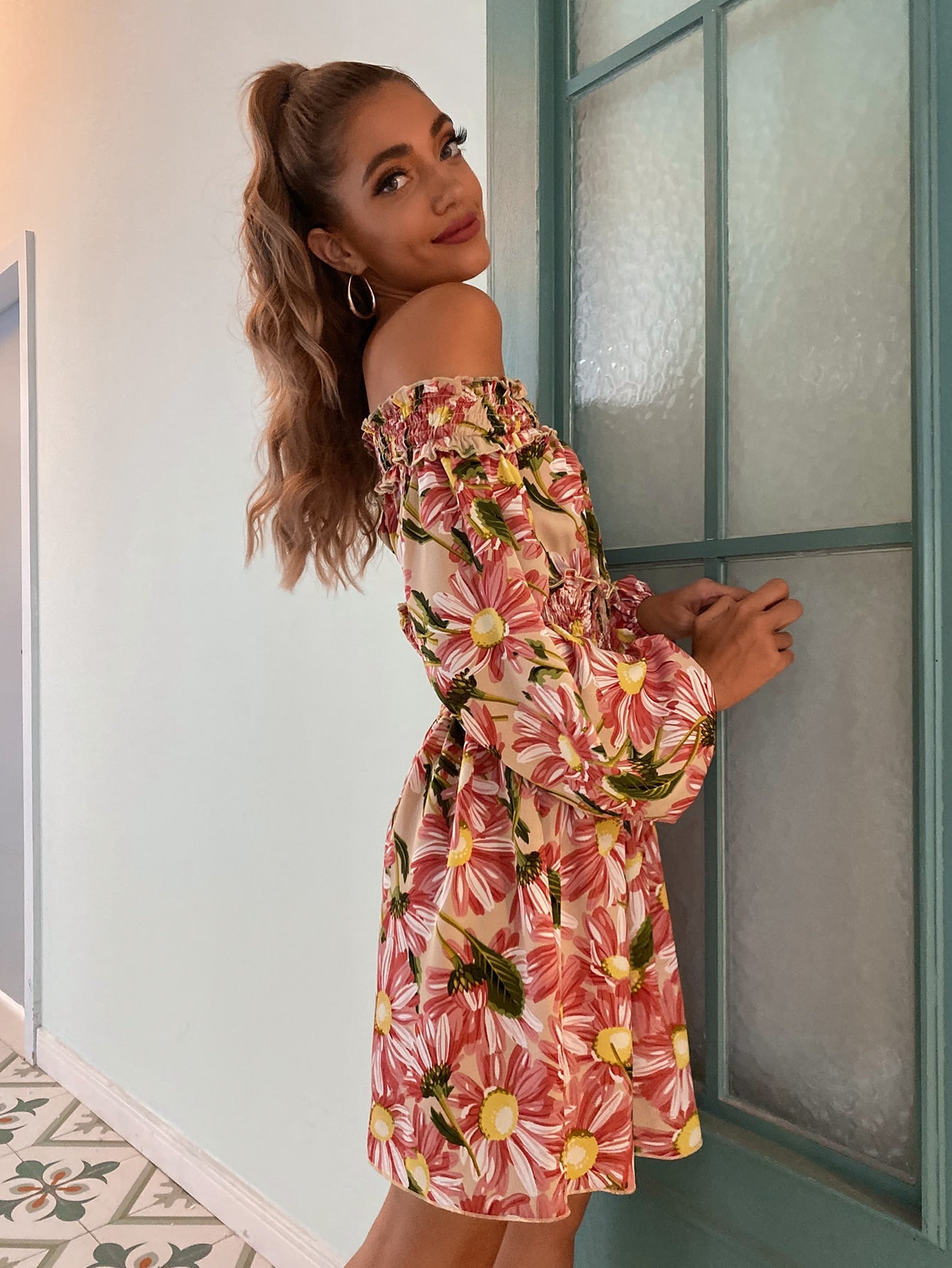 Off Shoulder Shirred Waist Floral Dress