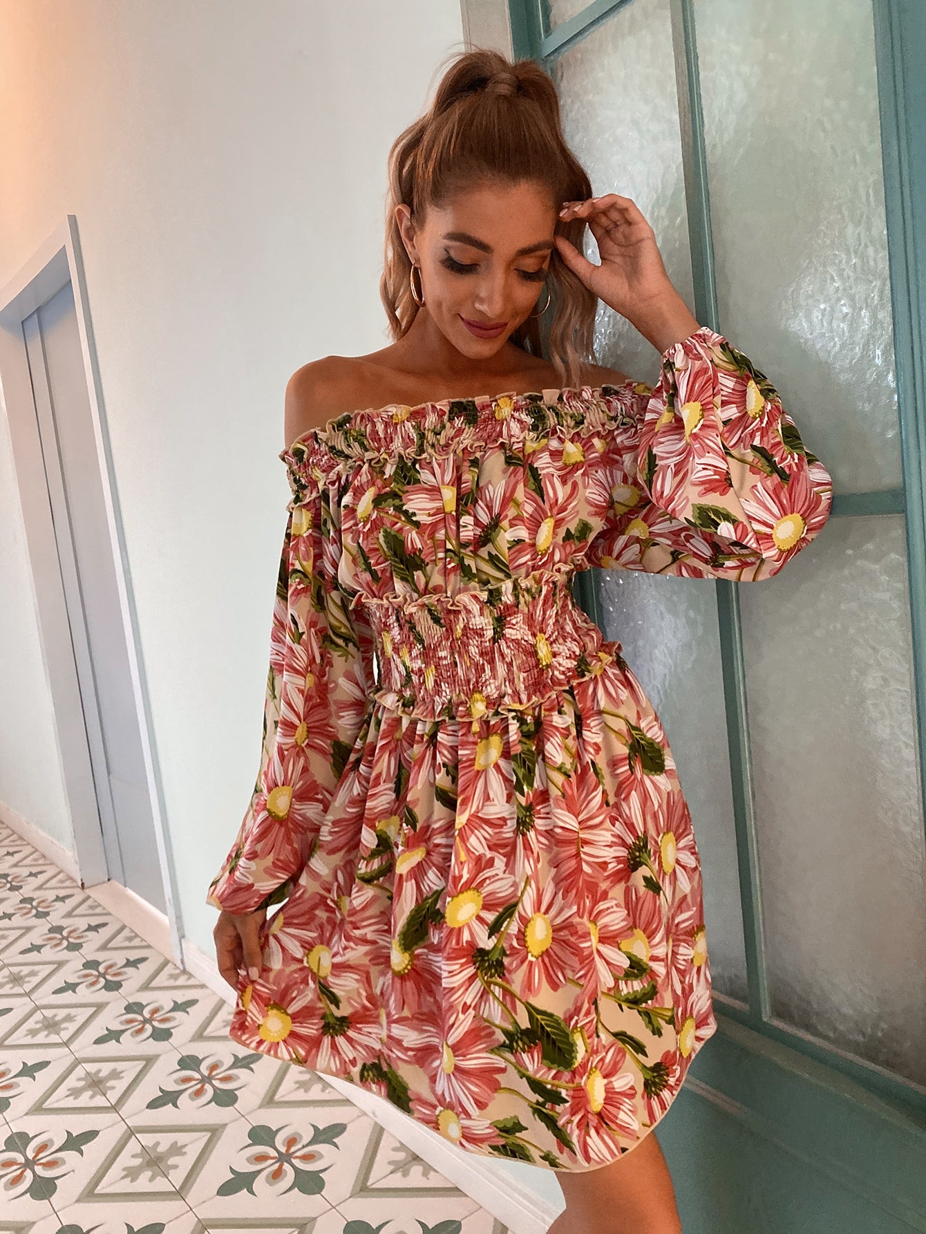 Off Shoulder Shirred Waist Floral Dress