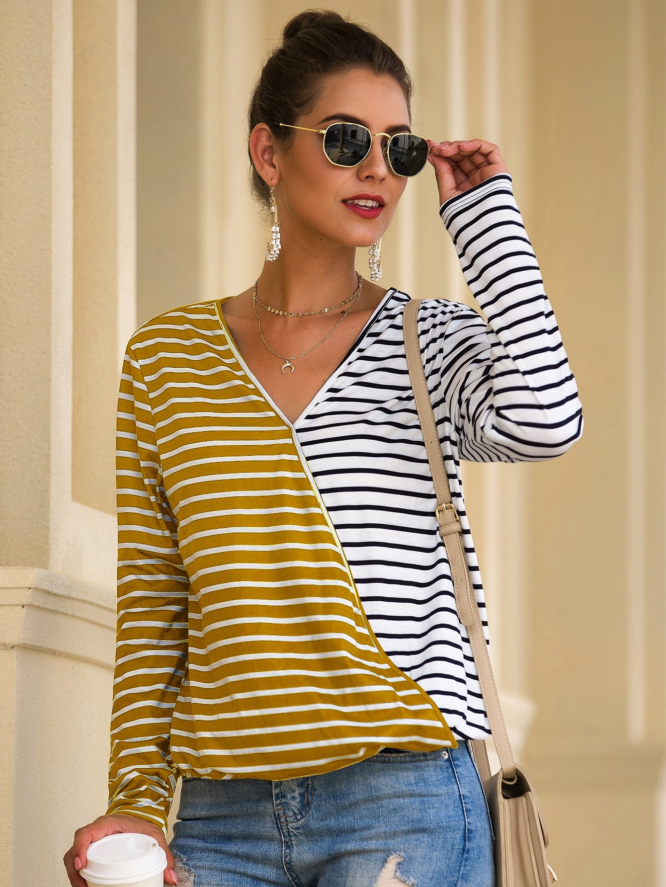Color-block Striped V-neck Tee