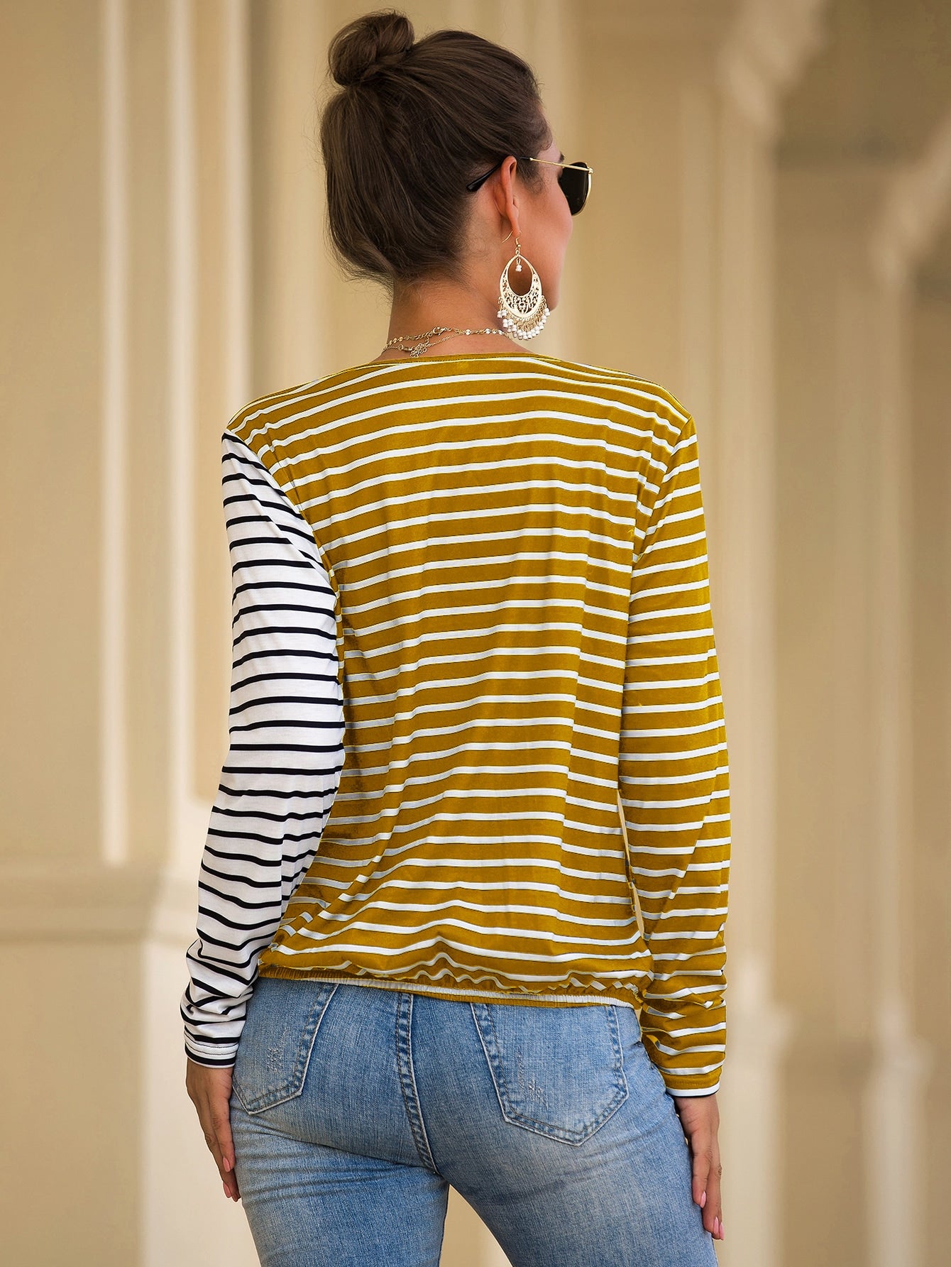 Color-block Striped V-neck Tee