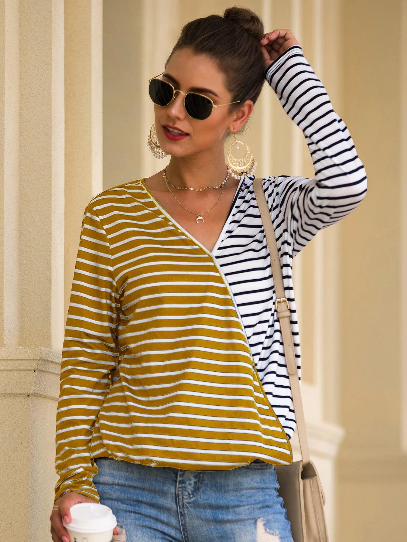 Color-block Striped V-neck Tee