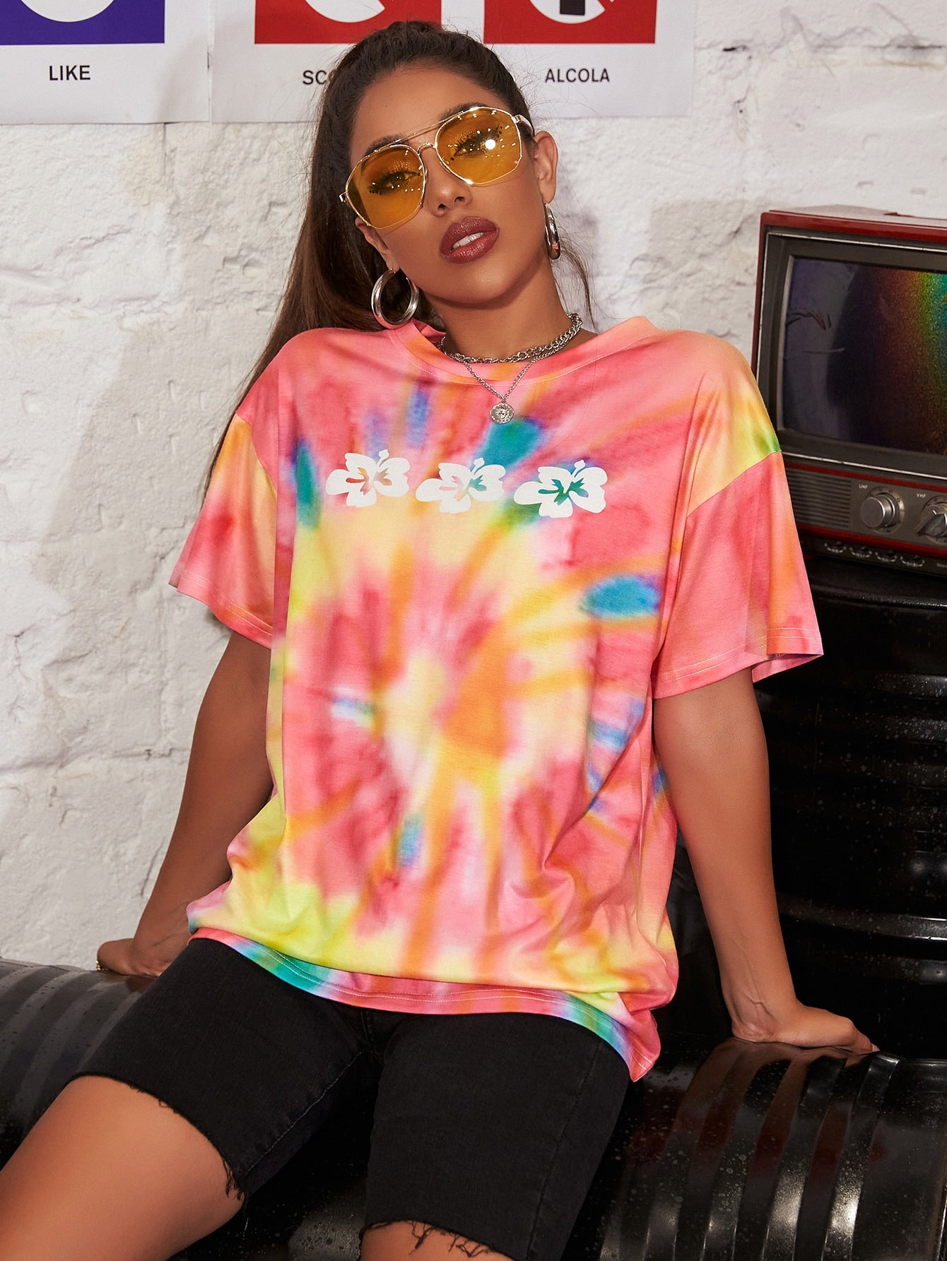 Tie Dye & Floral Print Oversized Tee