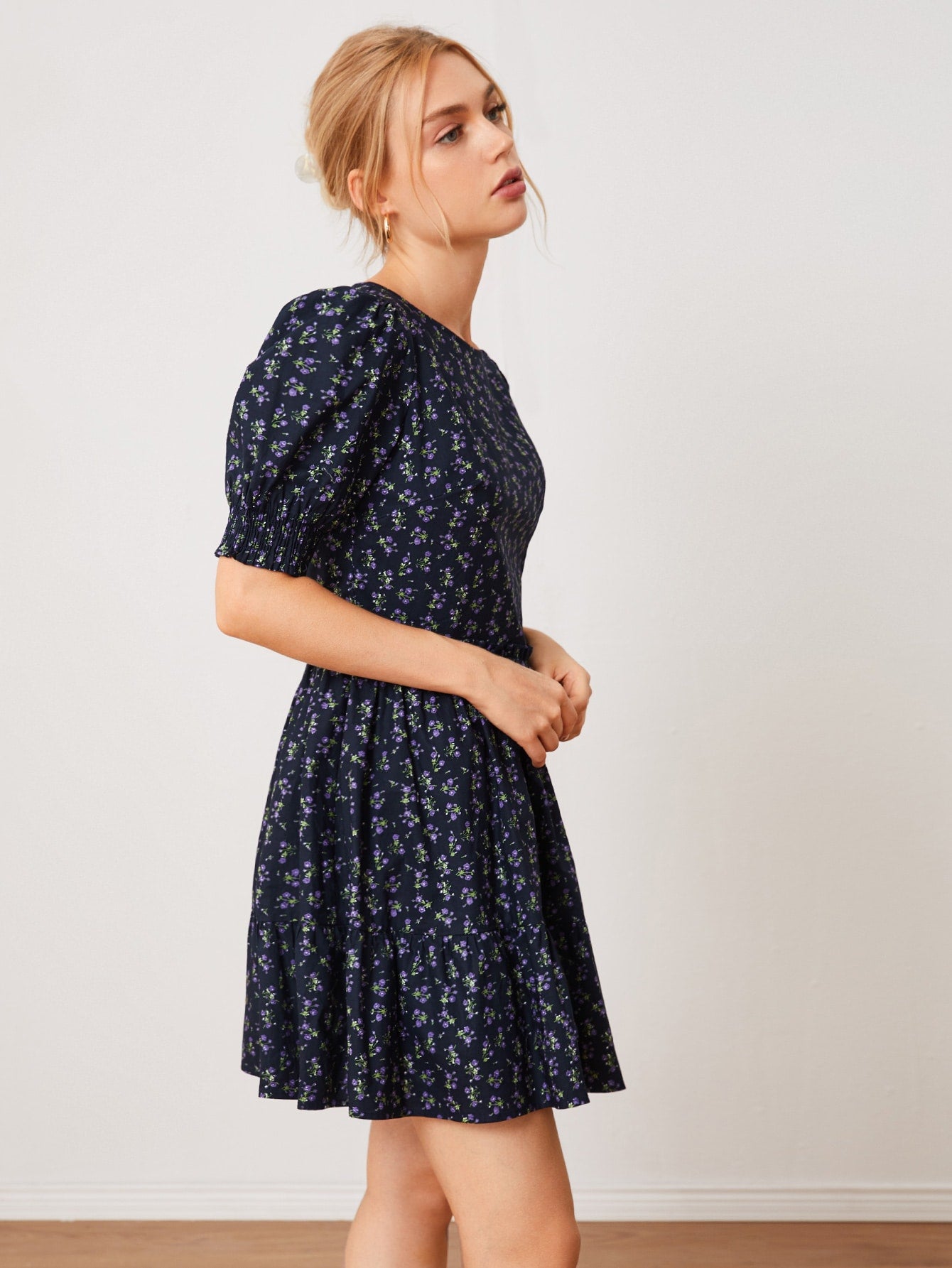 Shirred Cuff Frill Trim Ditsy Floral Dress