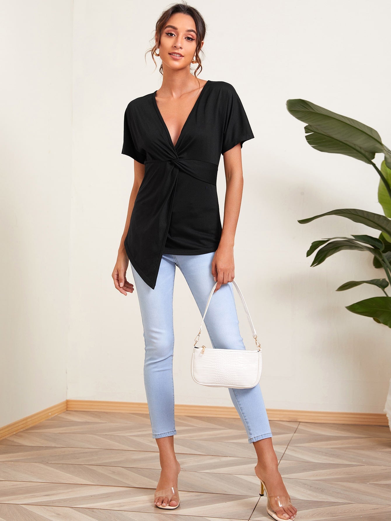 Solid Twist Front Asymmetrical Tee