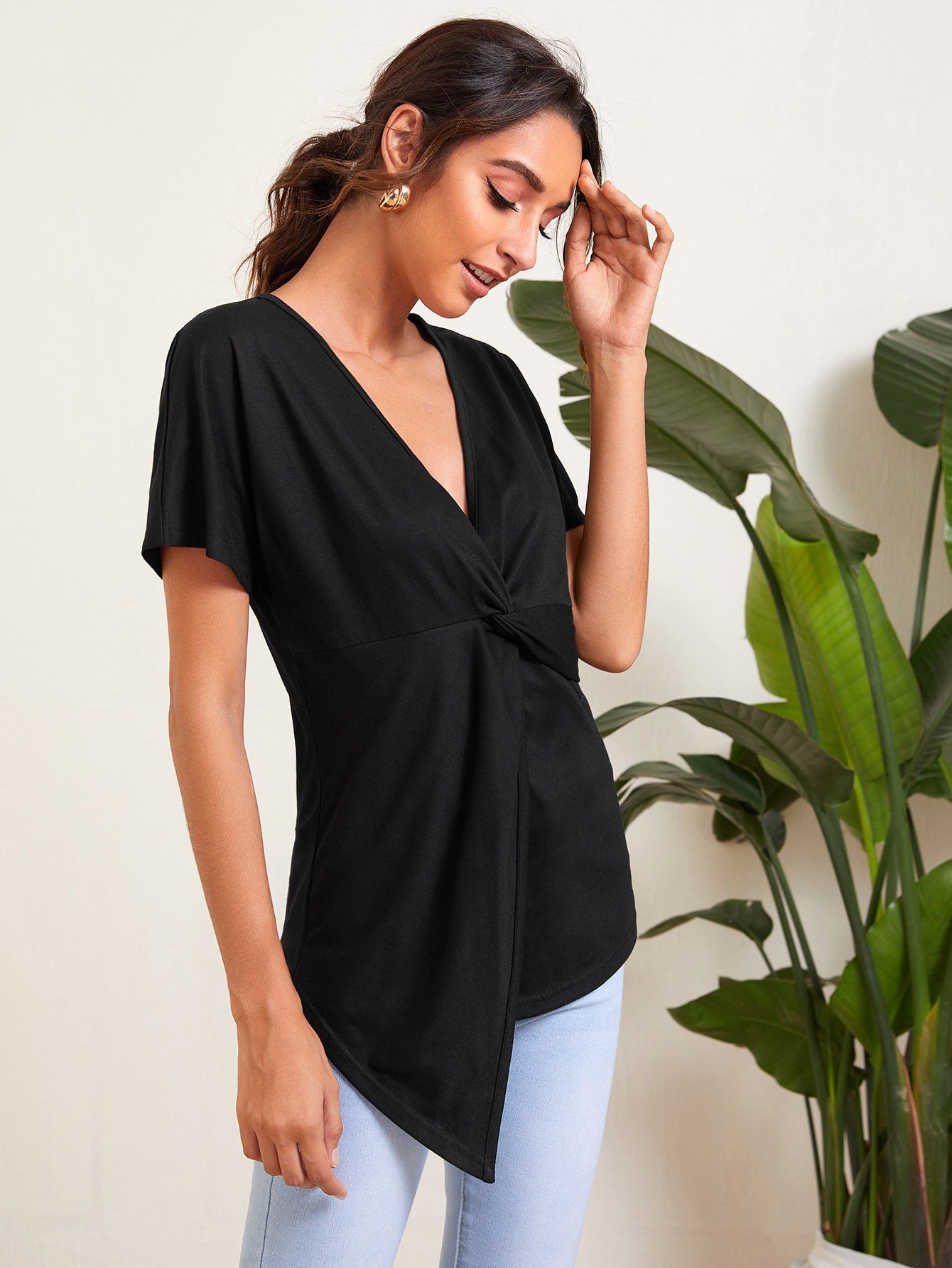 Solid Twist Front Asymmetrical Tee