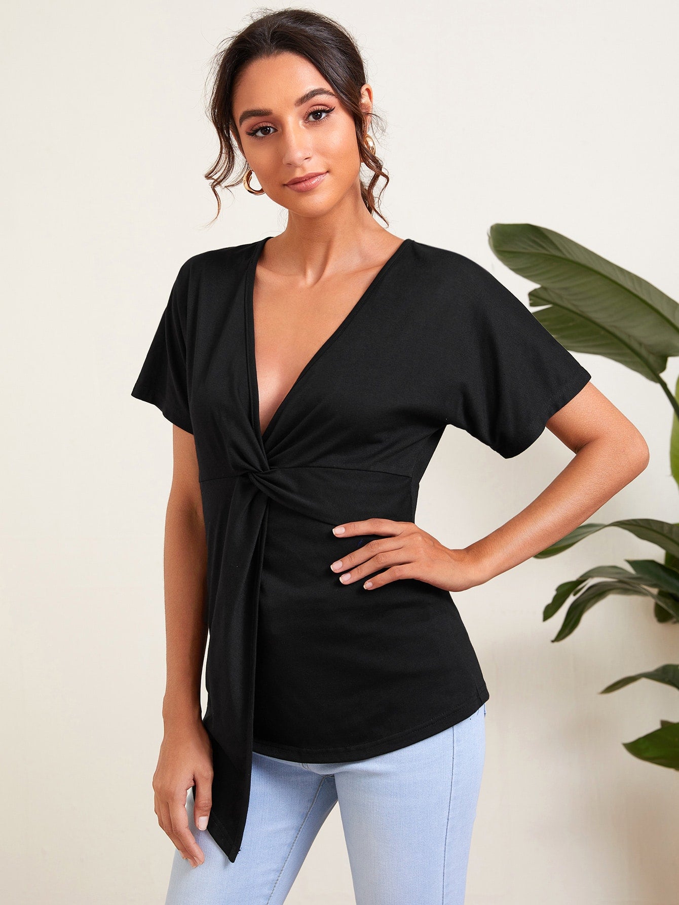 Solid Twist Front Asymmetrical Tee