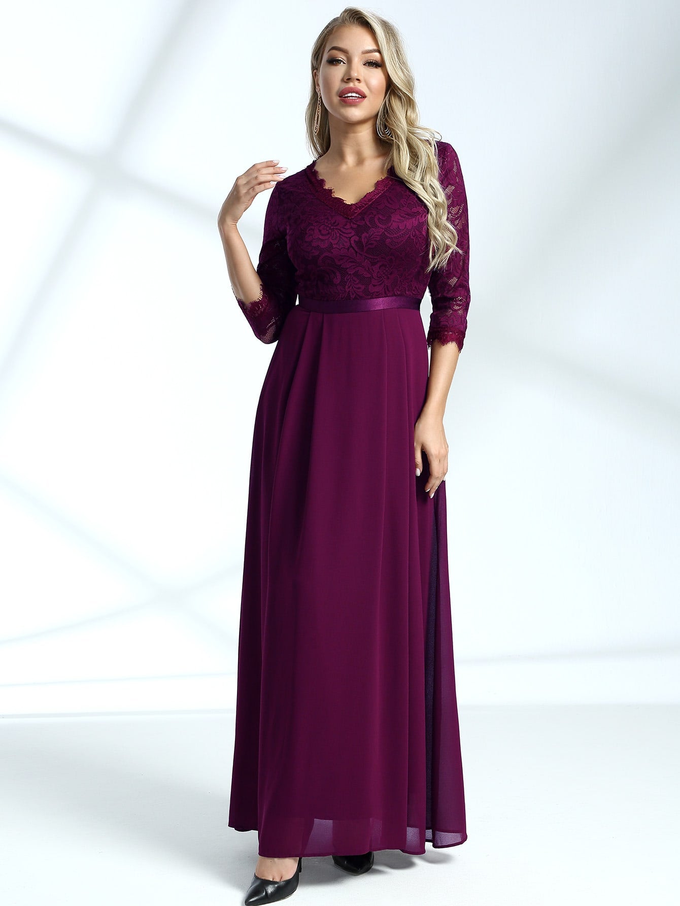 Miusol Zip Back Lace Bodice Chiffon Prom Dress