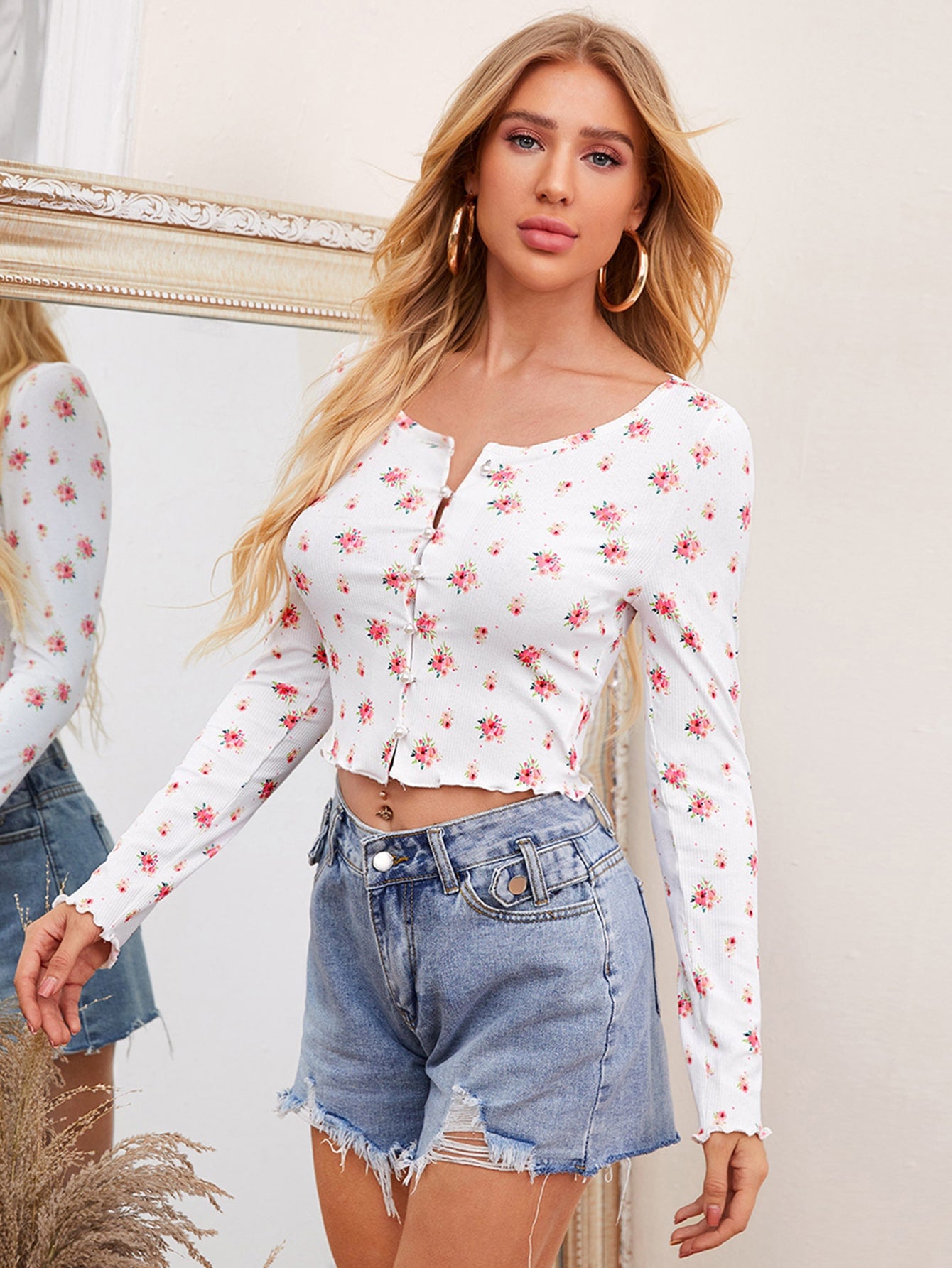Button Front Floral Print Lettuce Trim Top