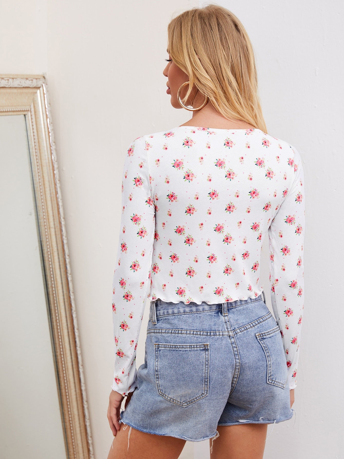Button Front Floral Print Lettuce Trim Top