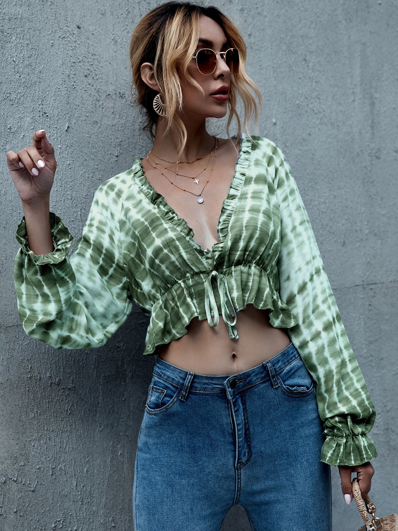 Tie Dye Frill Trim Knot Front Crop Top