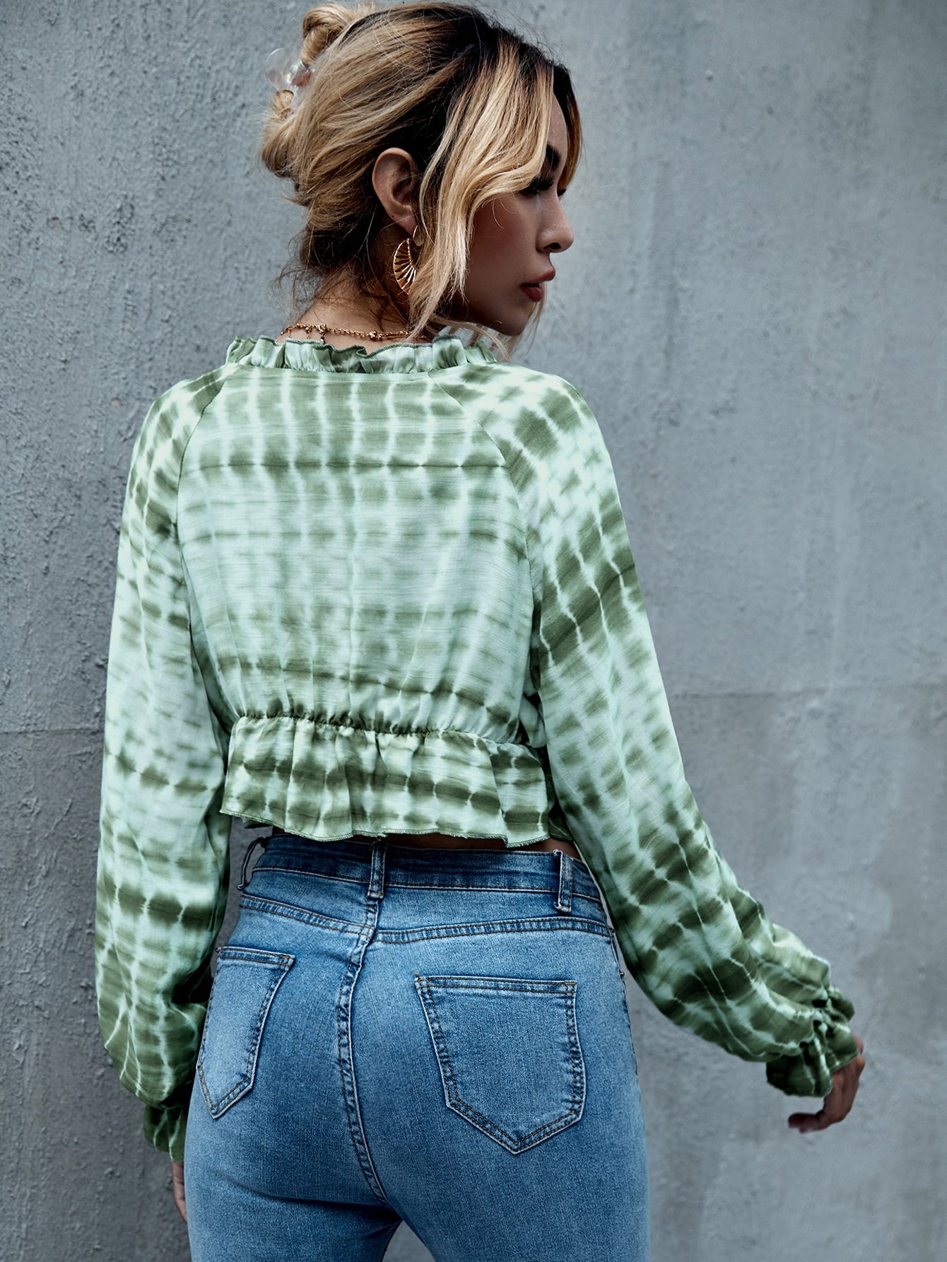 Tie Dye Frill Trim Knot Front Crop Top
