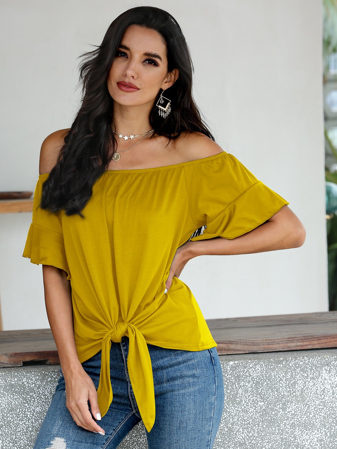 Bardot Flounce Sleeve Tie Hem Tee