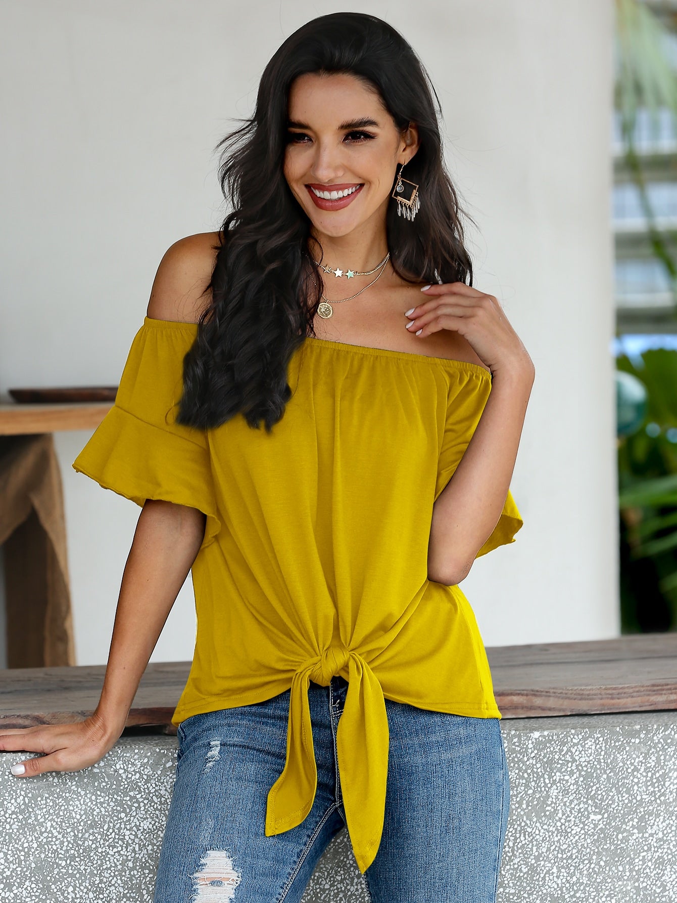 Bardot Flounce Sleeve Tie Hem Tee