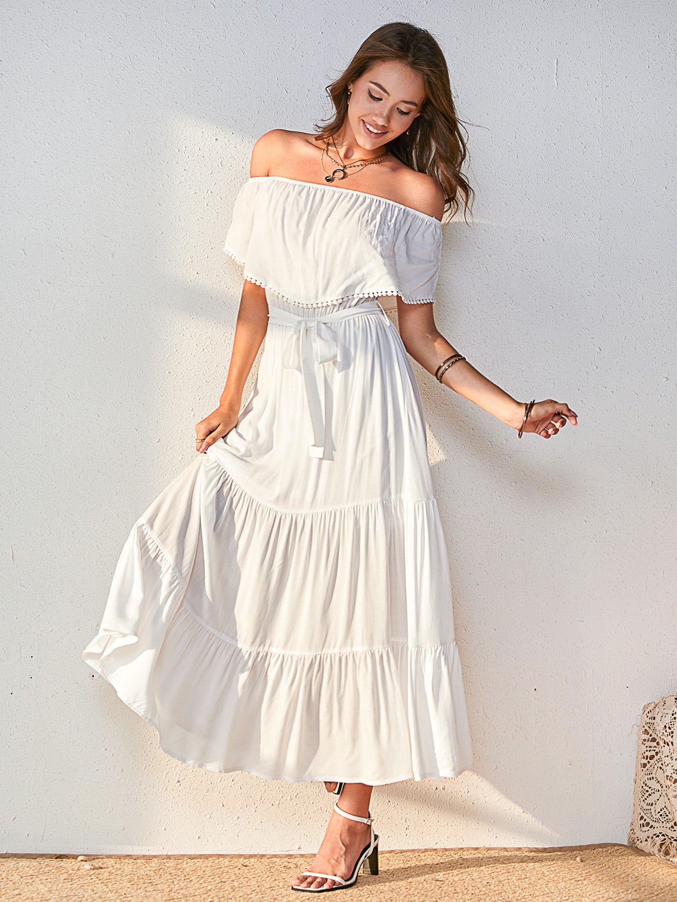 Off Shoulder Flippy Hem Belted Dress