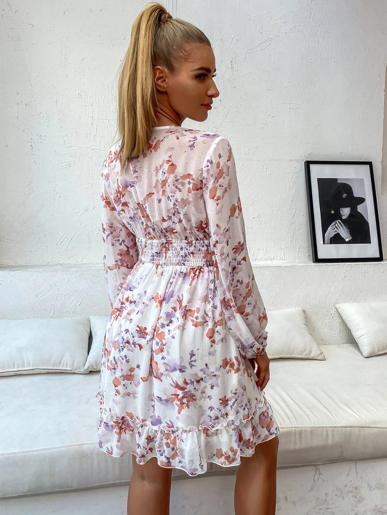 Shirred Waist Ruffle Hem Floral Dress