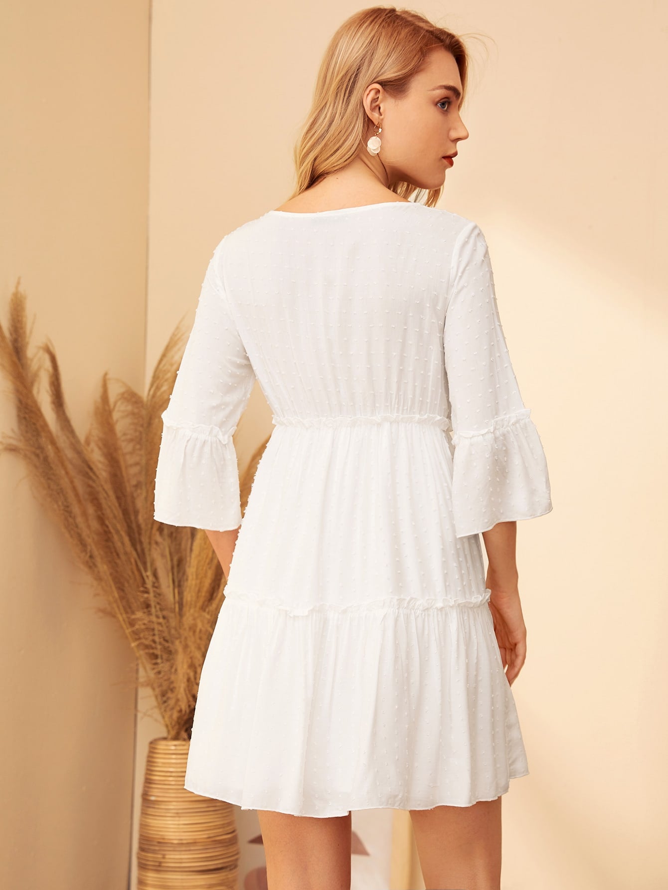 Swiss Dot Flounce Sleeve Ruffle Hem Dress