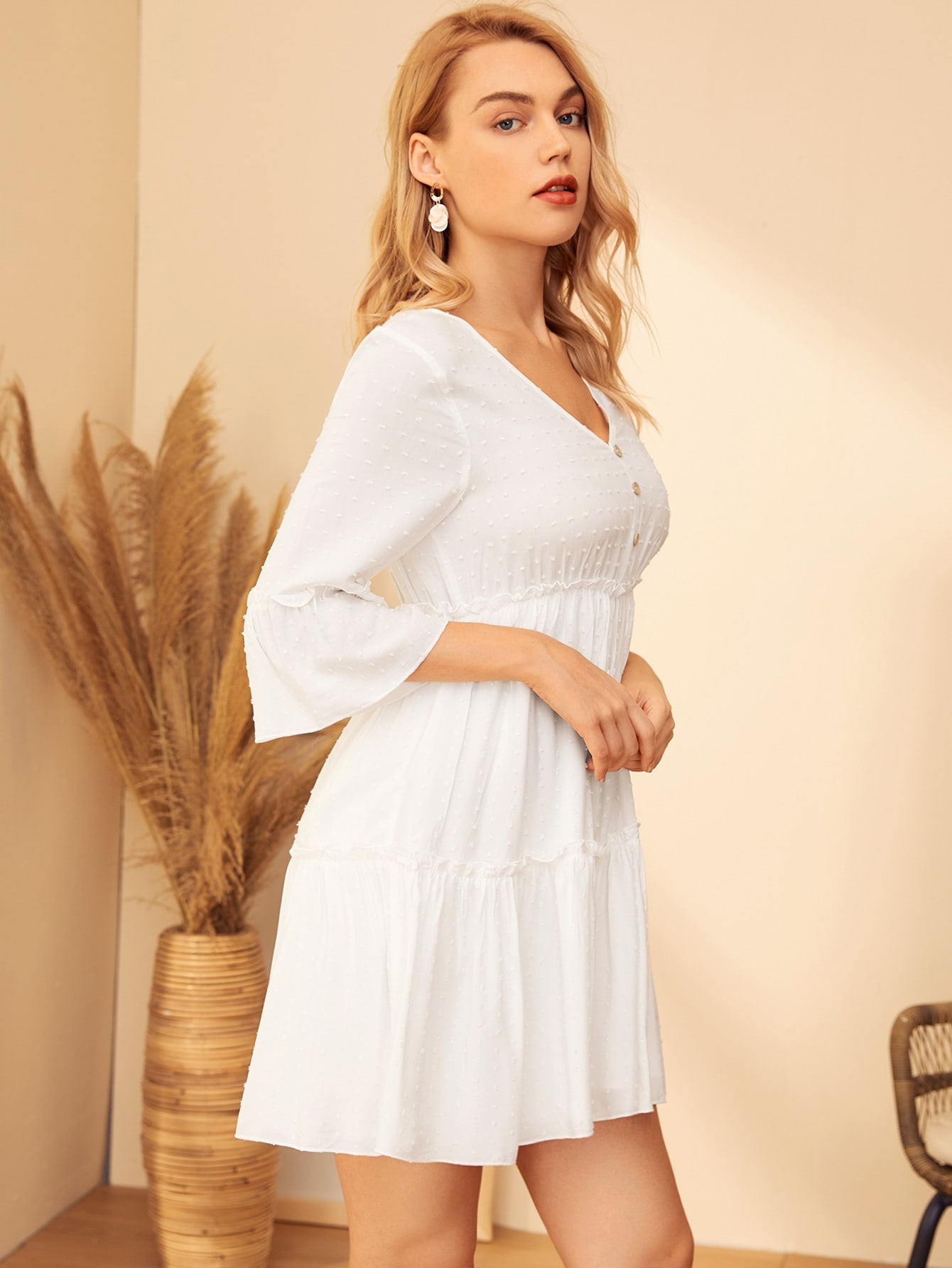 Swiss Dot Flounce Sleeve Ruffle Hem Dress