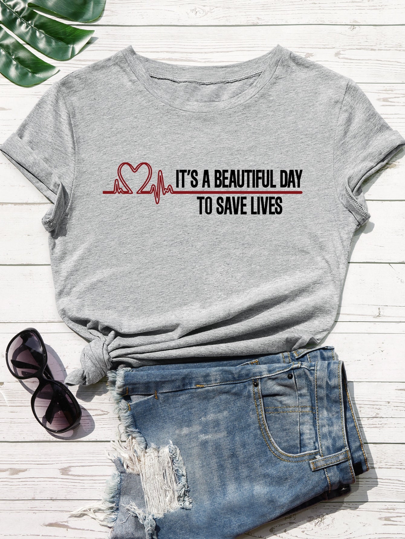 Slogan & Heart Print Tee