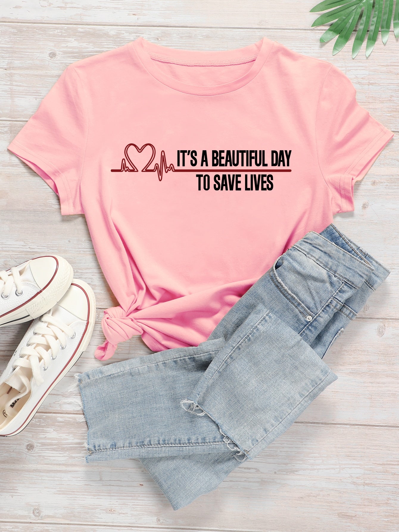 Slogan & Heart Print Tee