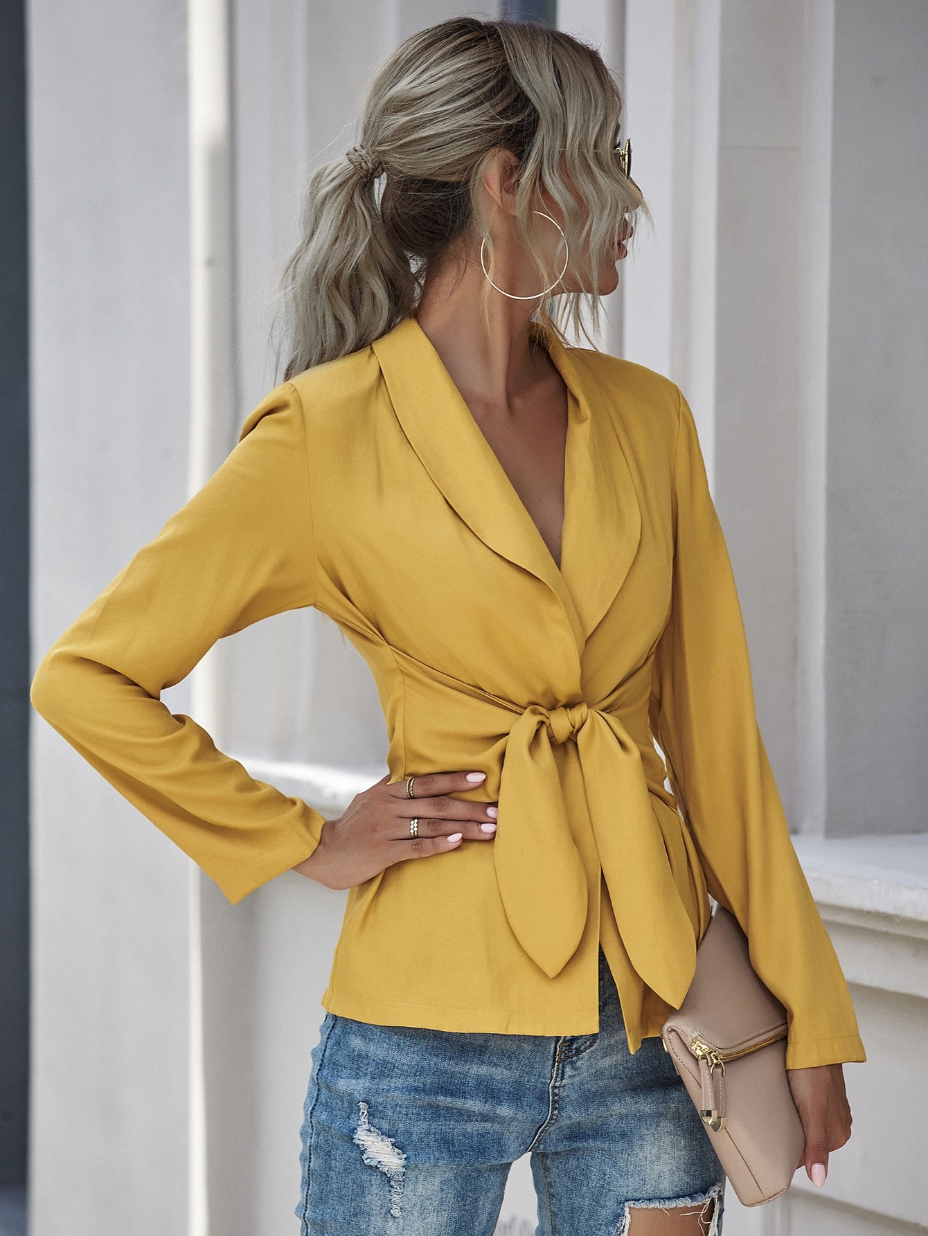 Tie Front Shawl Collar Solid Blazer