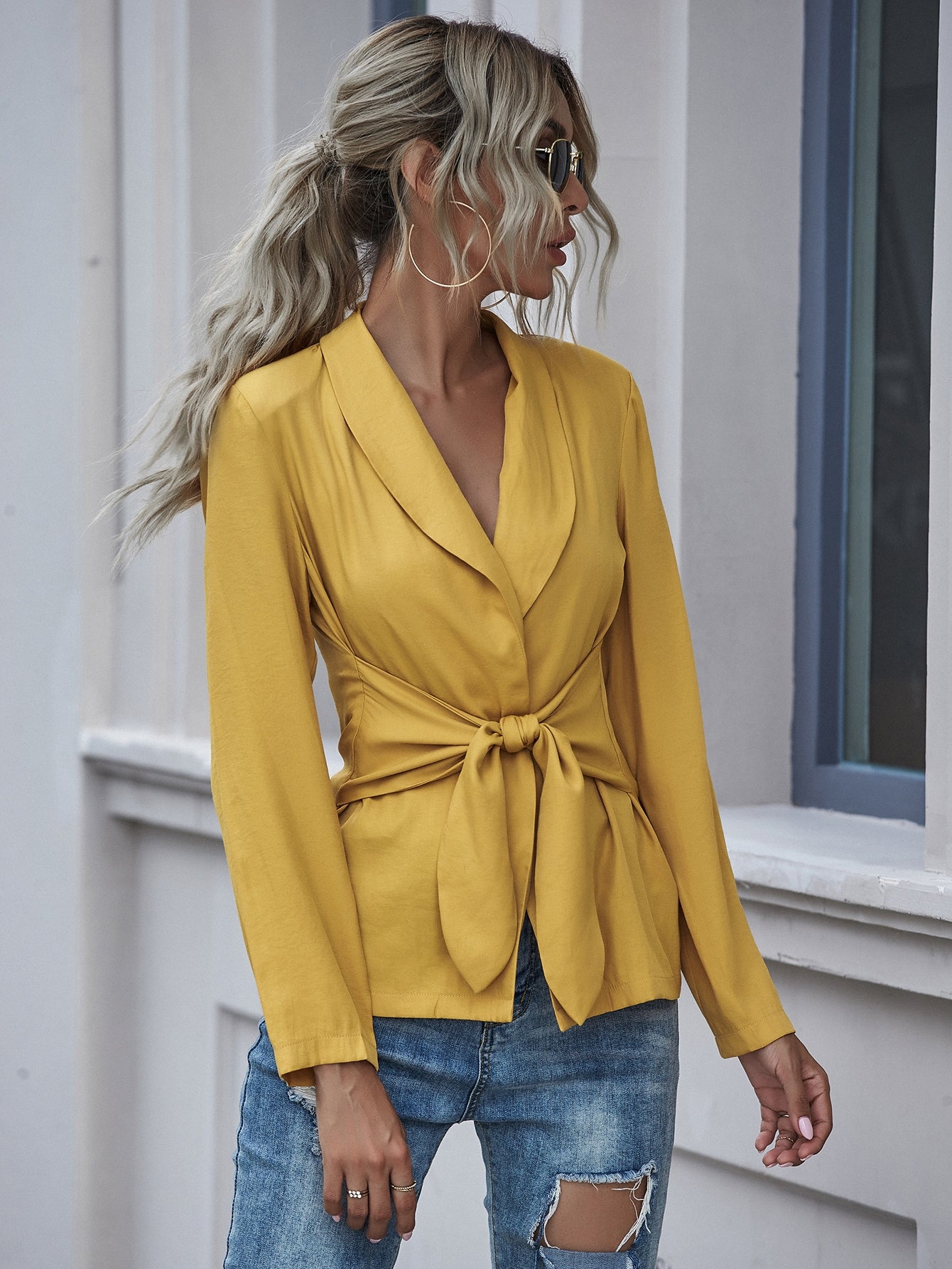 Tie Front Shawl Collar Solid Blazer