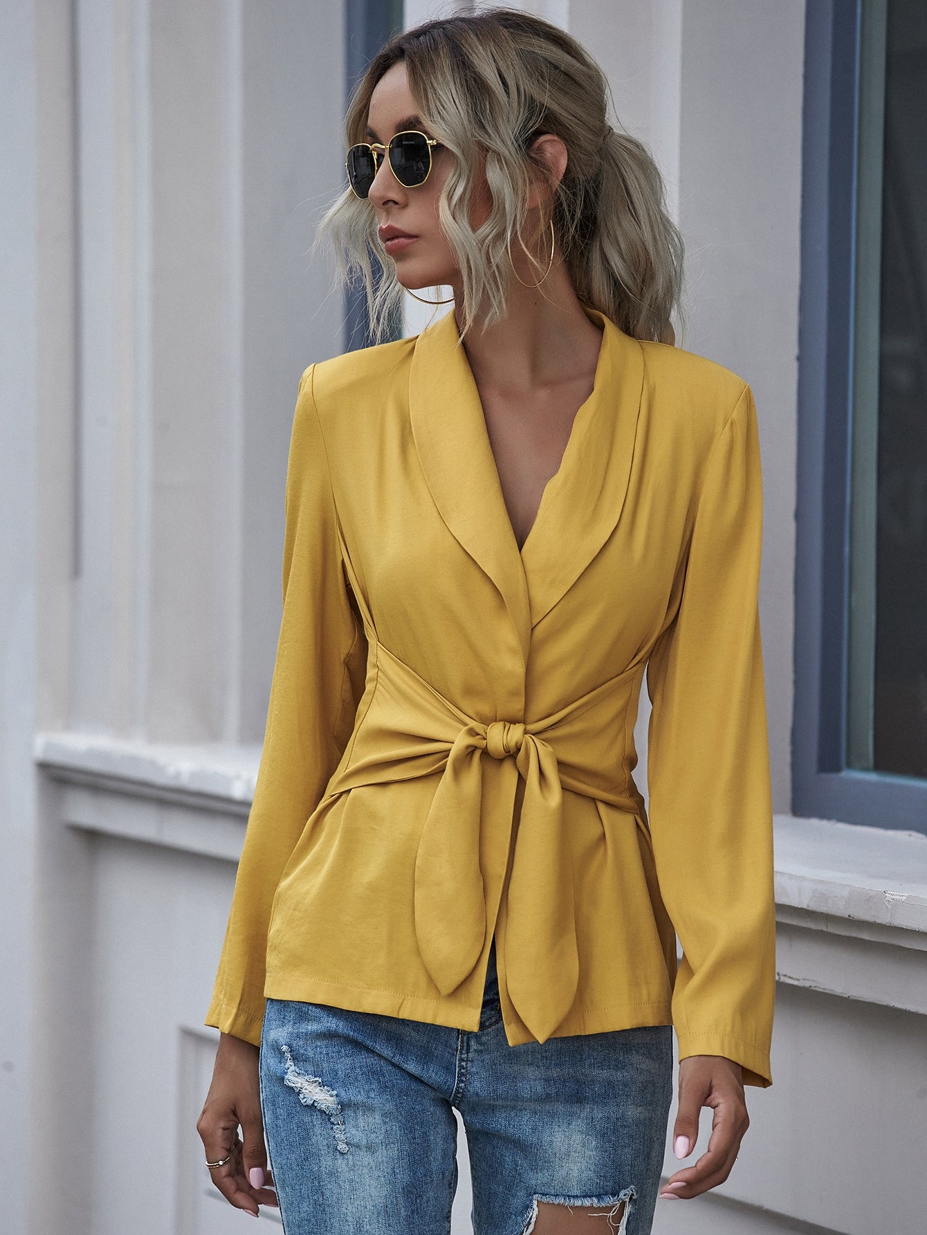 Tie Front Shawl Collar Solid Blazer