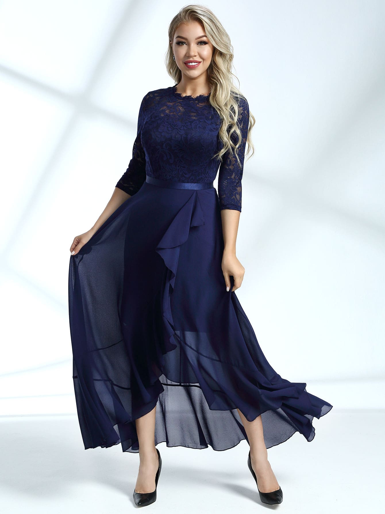 Miusol Lace Bodice Ruffle Trim Wrap Prom Dress