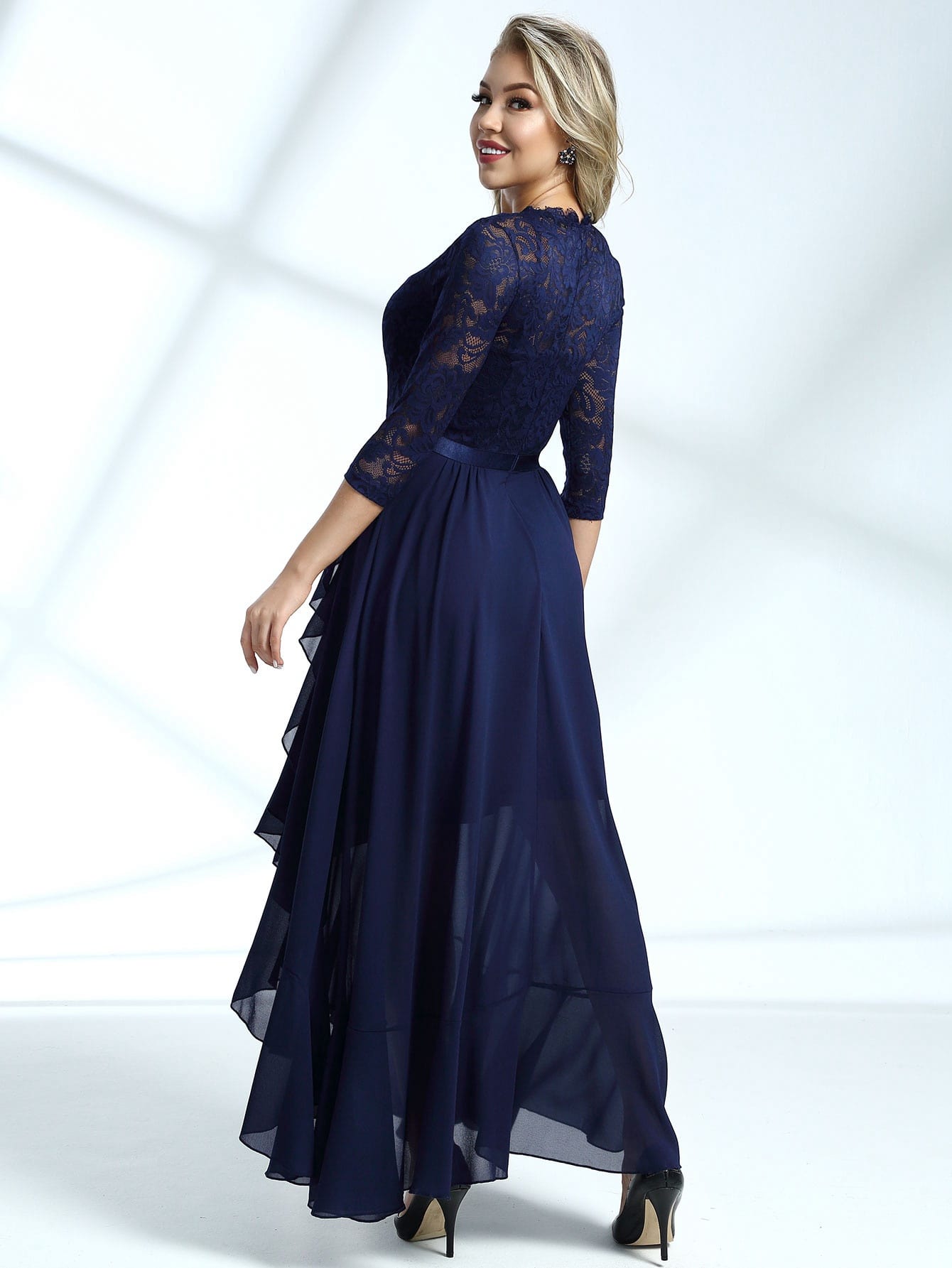 Miusol Lace Bodice Ruffle Trim Wrap Prom Dress
