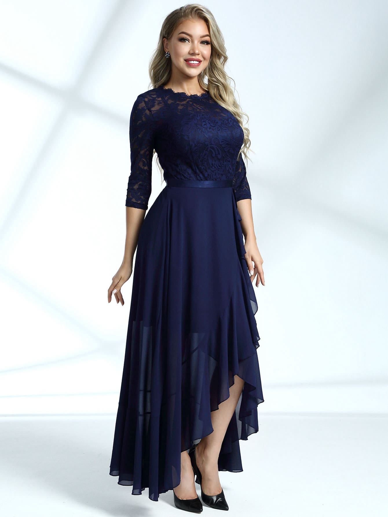 Miusol Lace Bodice Ruffle Trim Wrap Prom Dress