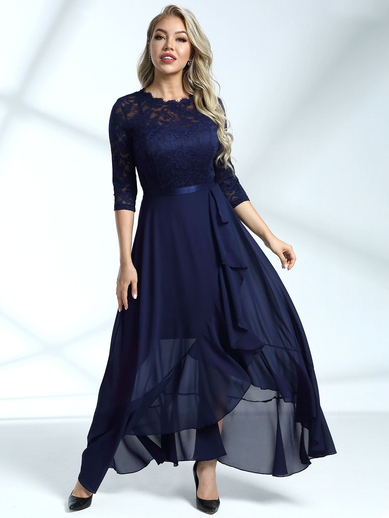 Miusol Lace Bodice Ruffle Trim Wrap Prom Dress