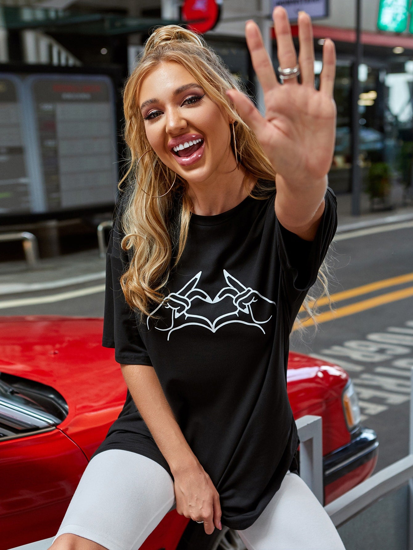 Drop Shoulder Hand Print Longline Tee