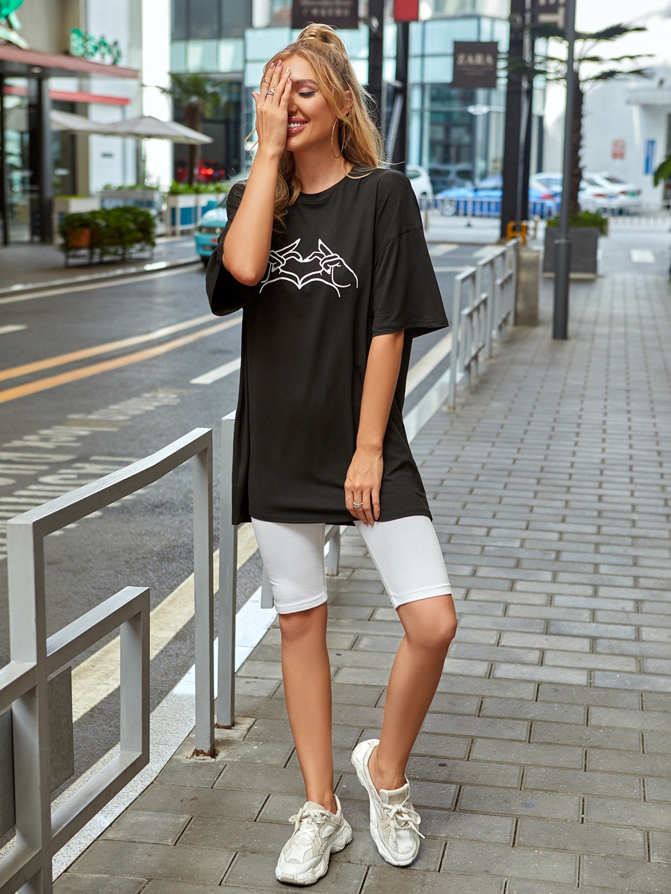 Drop Shoulder Hand Print Longline Tee