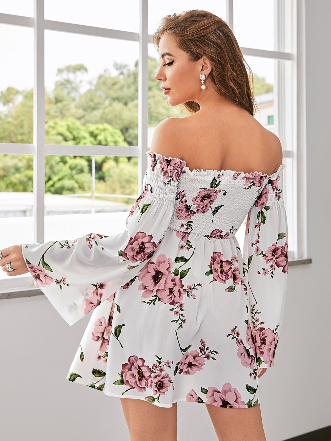 Off Shoulder Frill Trim Shirred Floral Dress