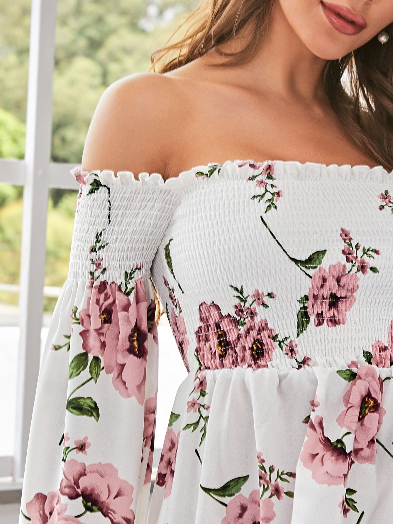Off Shoulder Frill Trim Shirred Floral Dress