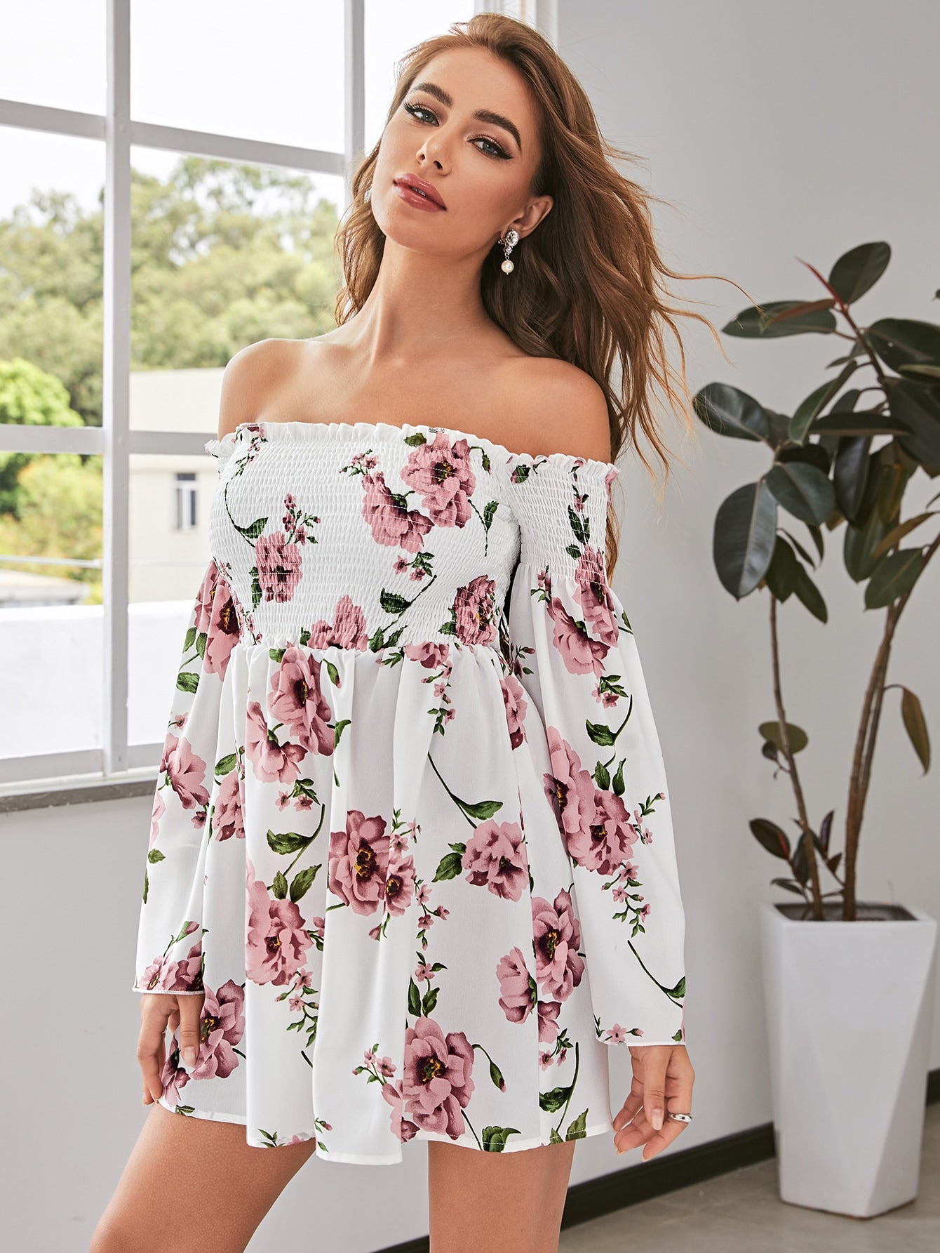 Off Shoulder Frill Trim Shirred Floral Dress