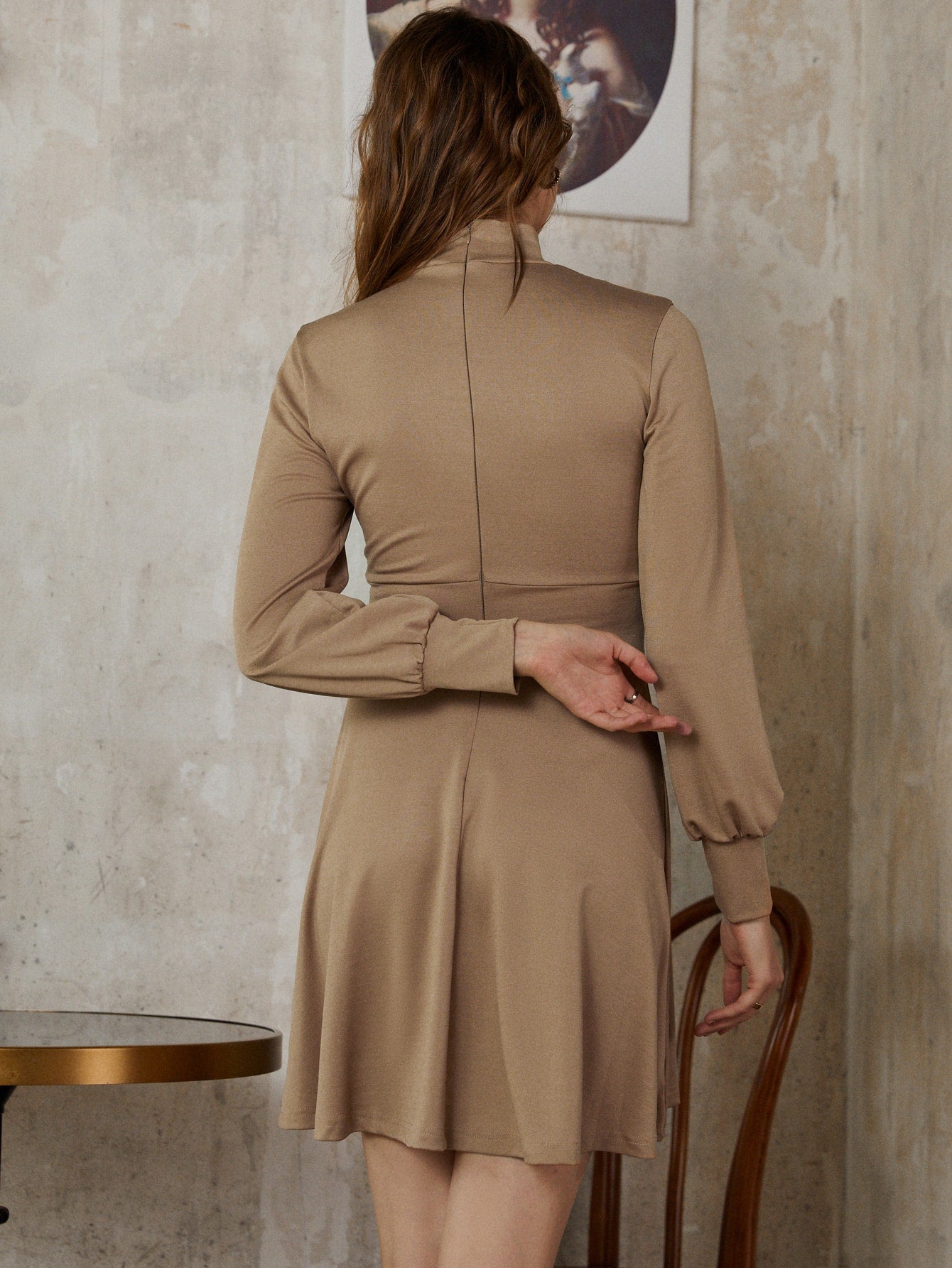 Mock Neck Lantern Sleeve Buckle Detail Dress