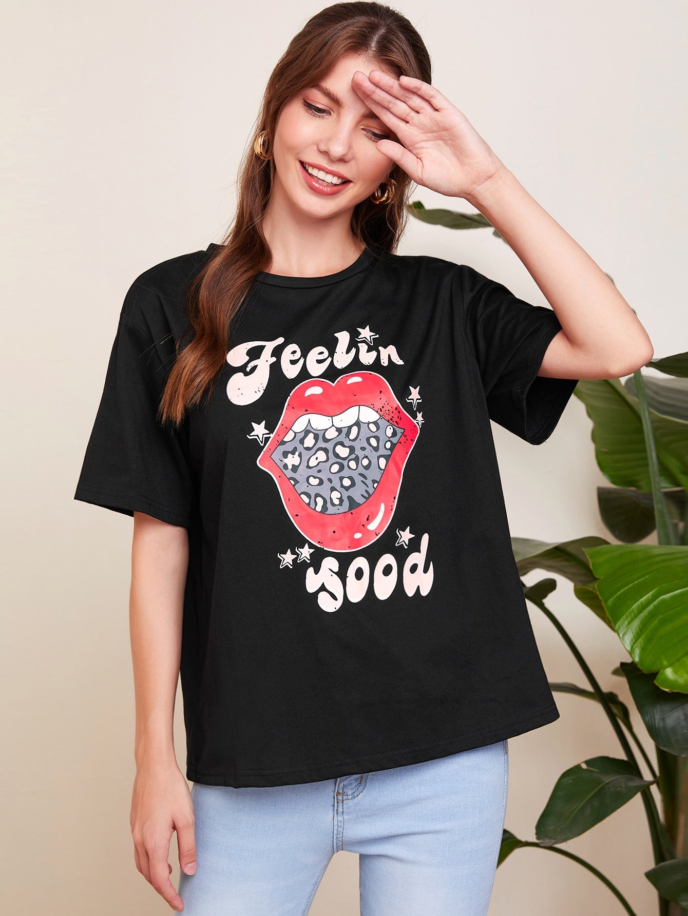 Slogan And Mouth Print Tee