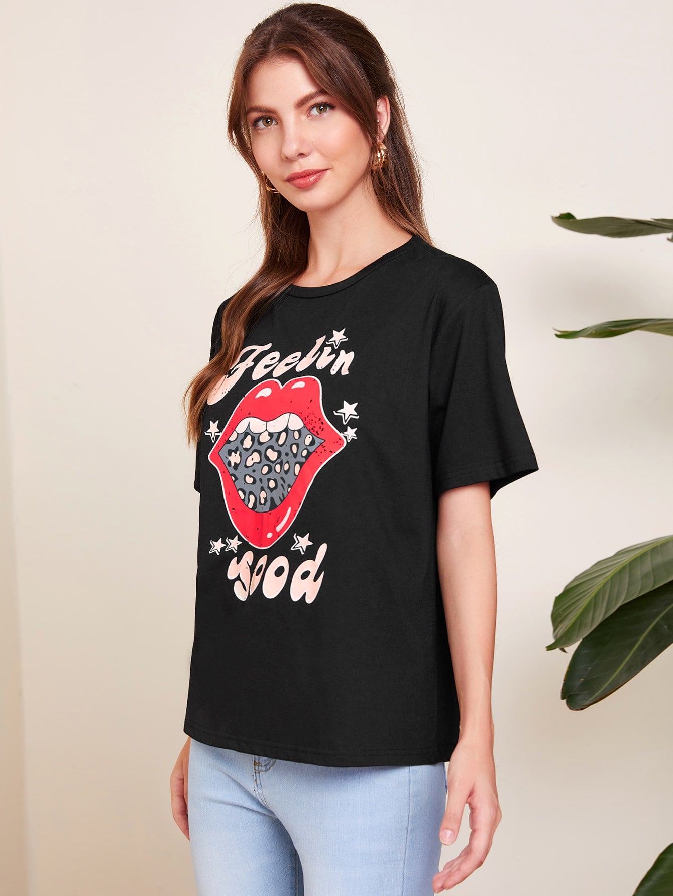 Slogan And Mouth Print Tee